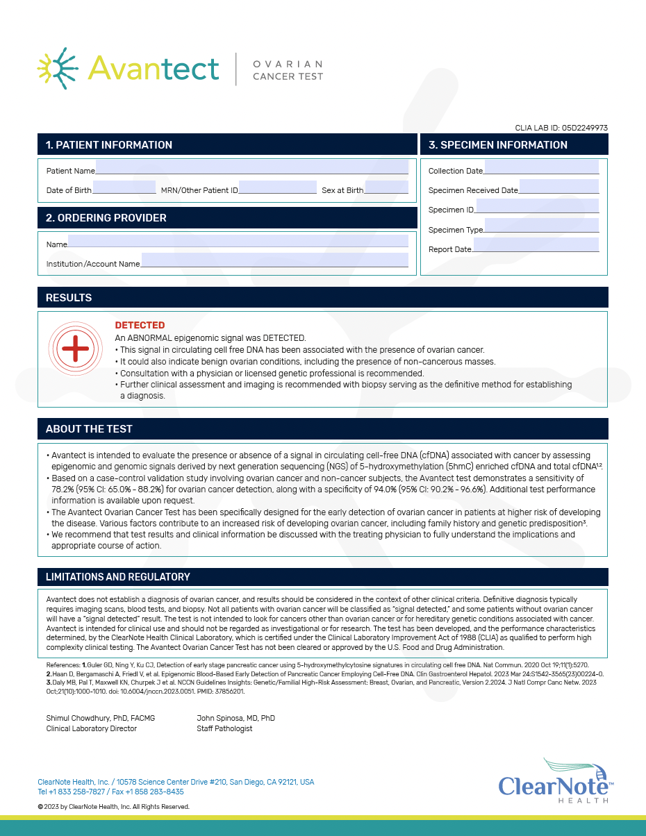 Avantect Ovarian test report image